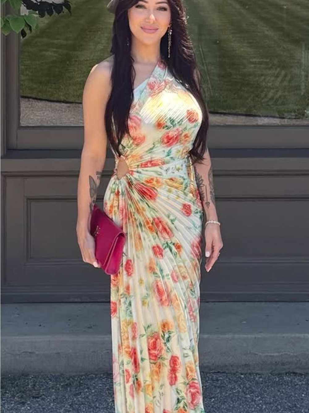 Petal & Pup Cream One-Shoulder Floral Maxi Dress with Side Ring